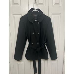 Celebrity Pink Black Double Breasted Lapel Collar Belted Pea Coat- Woman's XXL